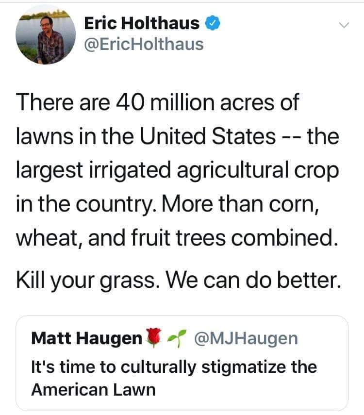 The meme is a tweet from Eric Holthaus, a journalist, who shares a fact about the number of lawns in the US and a humorous, sarcastic response from Matt Haugel, who suggests that the US is not doing well in certain areas. The text in the image reads: "There are 40 million acres of lawns in the US, the largest irrigated agricultural crop in the country. More than corn, wheat, and fruit trees combined. Kill your grass. We can do better." The response from Matt Haugel reads: "It's time to culturally stigmatize the American lawn."